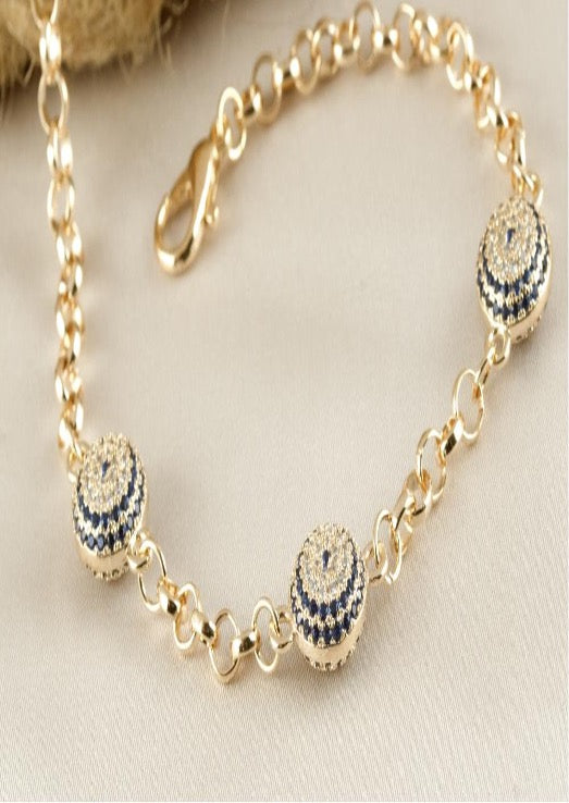 Bracelet Chain Heart Shape Blue Zirconia Yellow Gold Color