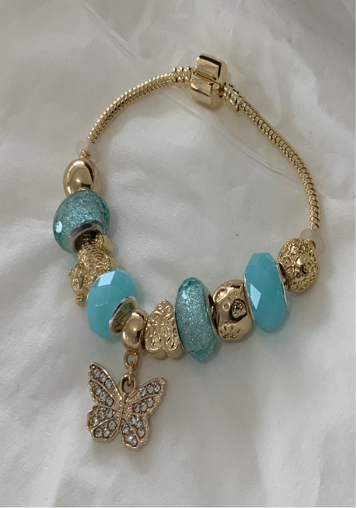 Woman Charm Bracelet Gold Color Butterfly Zircon Aqua Pearl Adjustable Bangle Bracelet