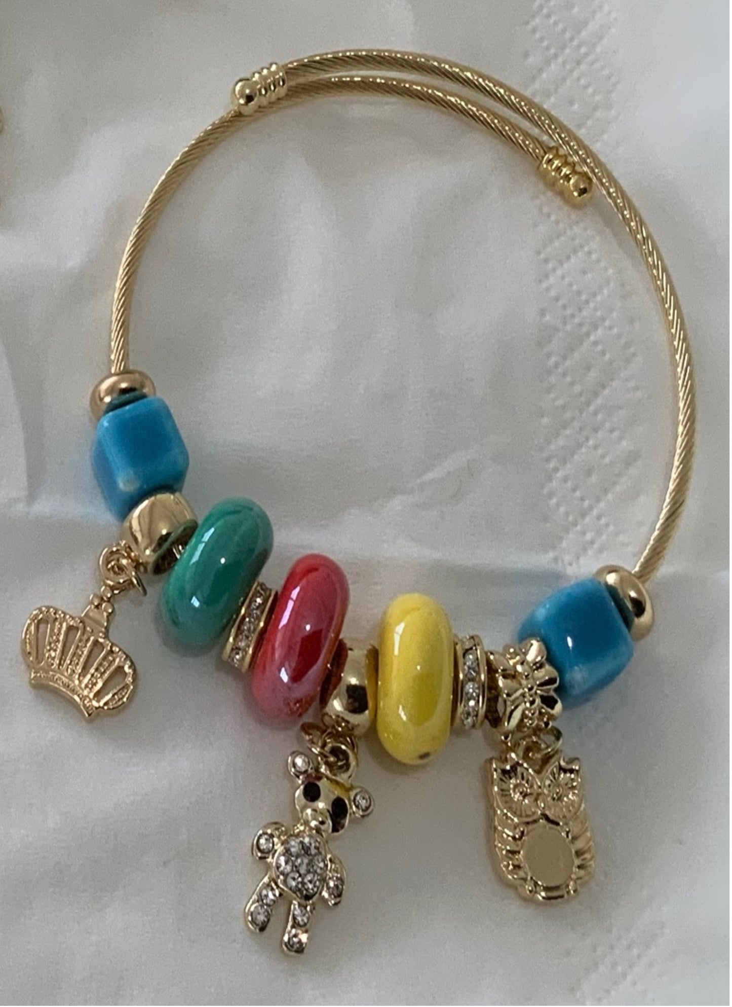 Woman Charm bracelet Gold Color Owl Bear Crown Adjustable Bangle Bracelet