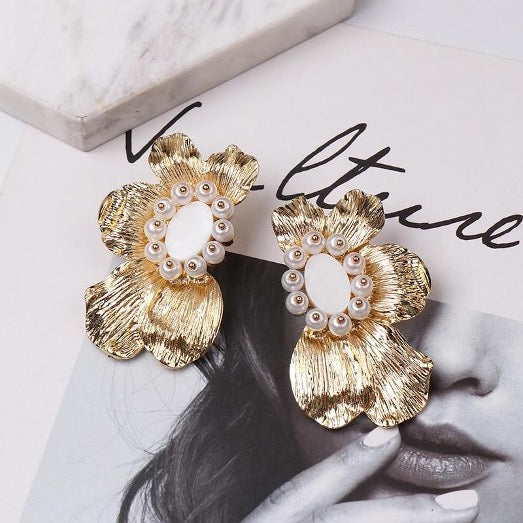 Earrings Flower Fashion Gold Color Alloy Pearl
