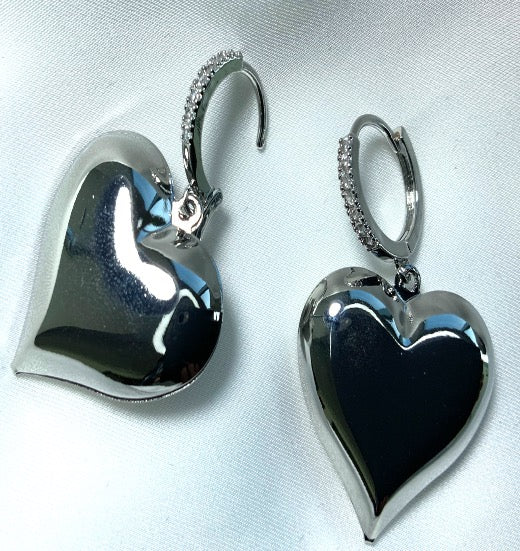Earrings Heart Shape Big White Gold Color Zirconia
