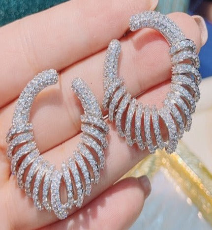 Great Gift Jewelry Set 4 pieces Bracelet Necklace Earrings Ring Semi Circles Design White Gold White Diamond Zircon Gift box