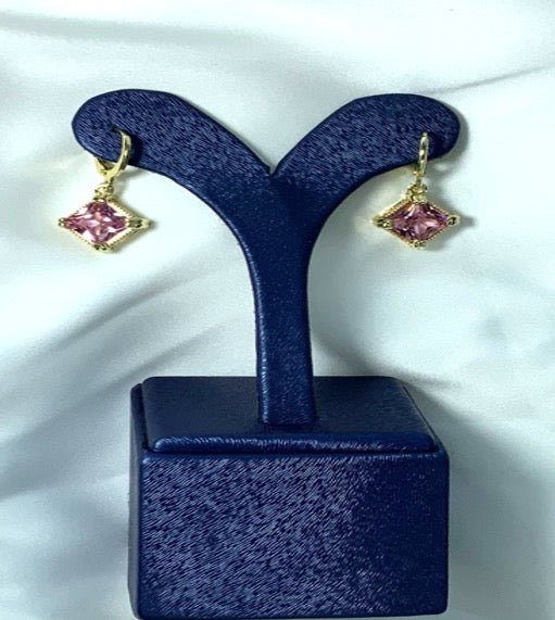 Earrings Small Gold Color Pink Zirconia