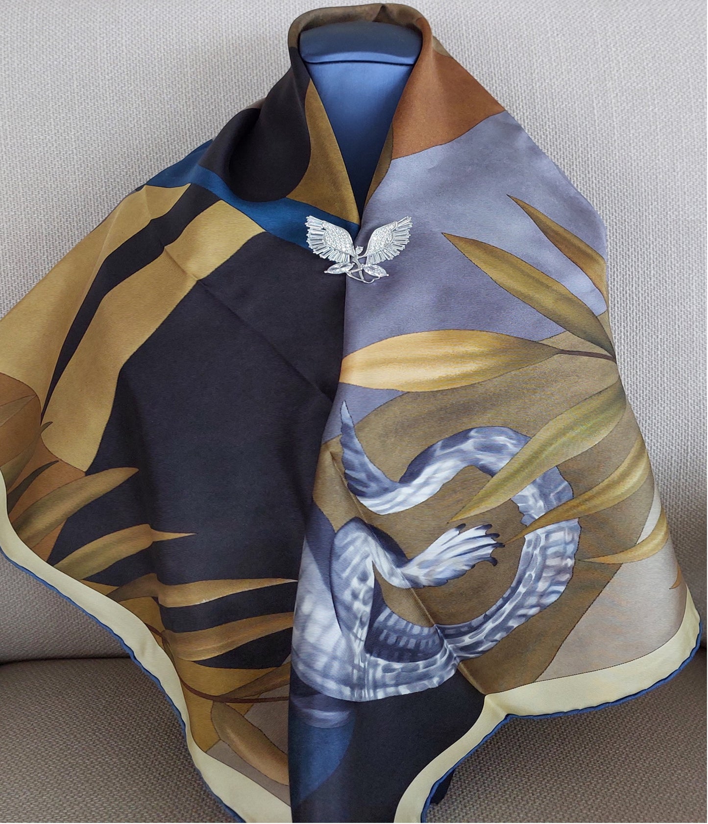 Great Gift 2PCS for Woman Silk Scarf and Zirconia Brooch Animal Print Brown Grey Colors Box Packaging