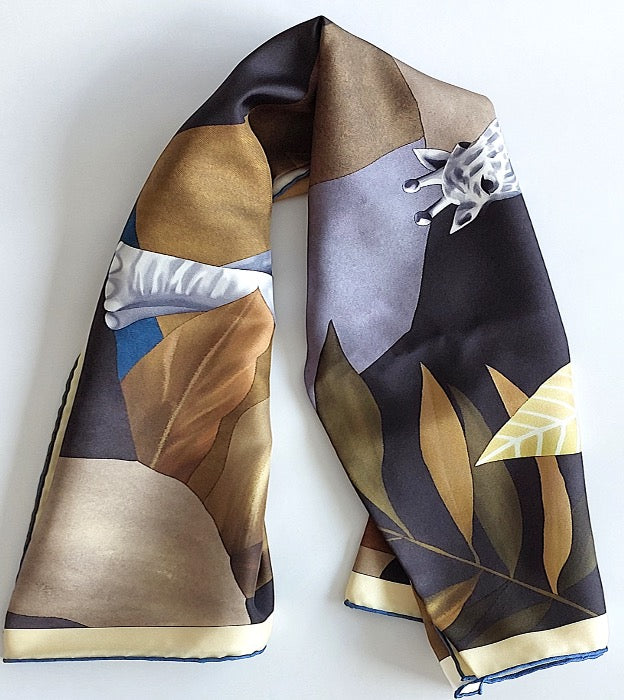 Great Gift 2PCS for Woman Silk Scarf and Zirconia Brooch Animal Print Brown Grey Colors Box Packaging