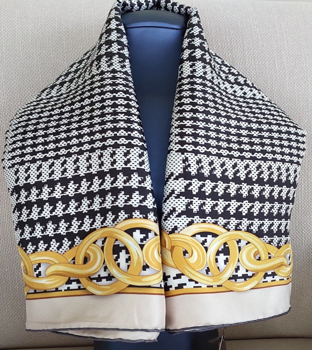 Great Gift 2PCS for Woman Silk Scarf and a Zirconia Butterfly Brooch Chain Print Black White Yellow Colors Box Packaging