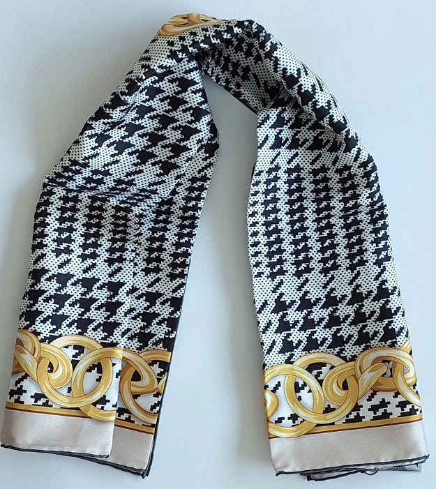 Great Gift 2PCS for Woman Silk Scarf and a Zirconia Butterfly Brooch Chain Print Black White Yellow Colors Box Packaging