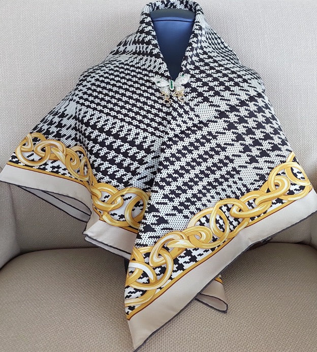 Great Gift 2PCS for Woman Silk Scarf and a Zirconia Butterfly Brooch Chain Print Black White Yellow Colors Box Packaging