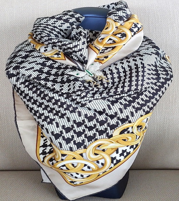 Great Gift 2PCS for Woman Silk Scarf and a Zirconia Butterfly Brooch Chain Print Black White Yellow Colors Box Packaging