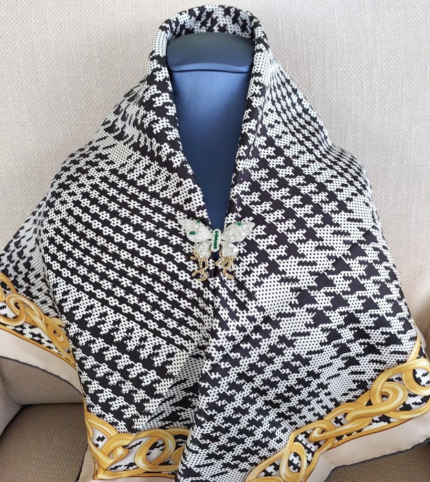 Great Gift 2PCS for Woman Silk Scarf and a Zirconia Butterfly Brooch Chain Print Black White Yellow Colors Box Packaging