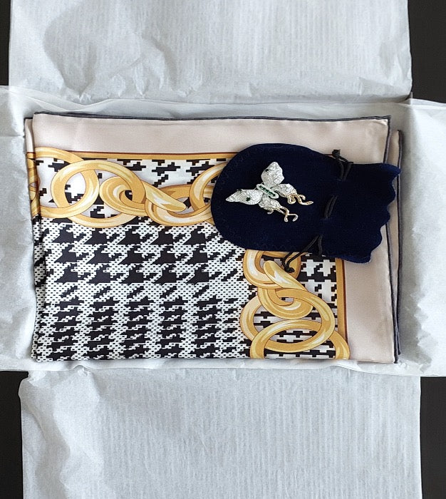 Great Gift 2PCS for Woman Silk Scarf and a Zirconia Butterfly Brooch Chain Print Black White Yellow Colors Box Packaging