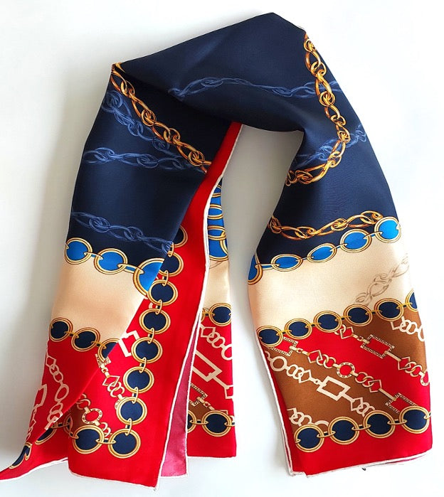 Great Gift 2PCS for Woman Silk Scarf and Zirconia Butterfly Brooch Chain Print Blue Red Yellow Colors Box Packaging