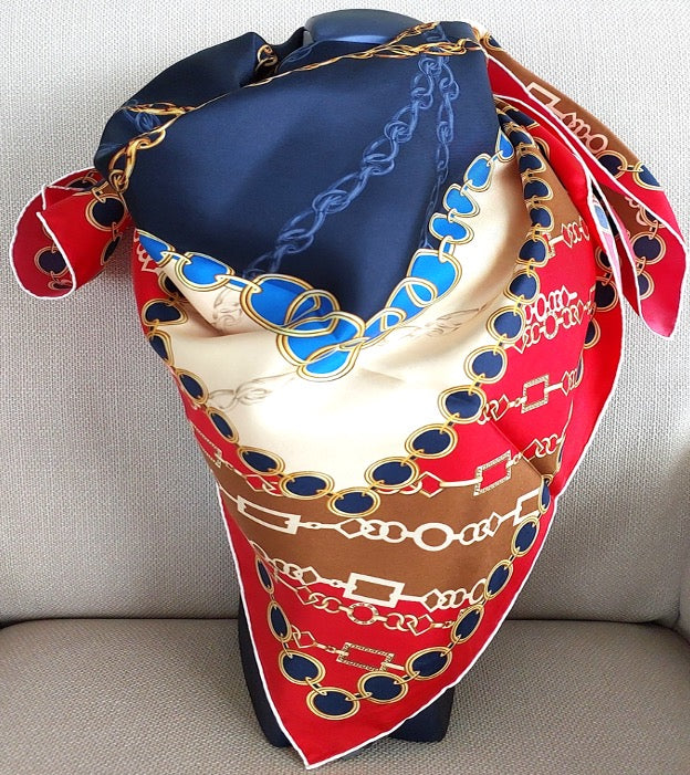 Great Gift 2PCS for Woman Silk Scarf and Zirconia Butterfly Brooch Chain Print Blue Red Yellow Colors Box Packaging