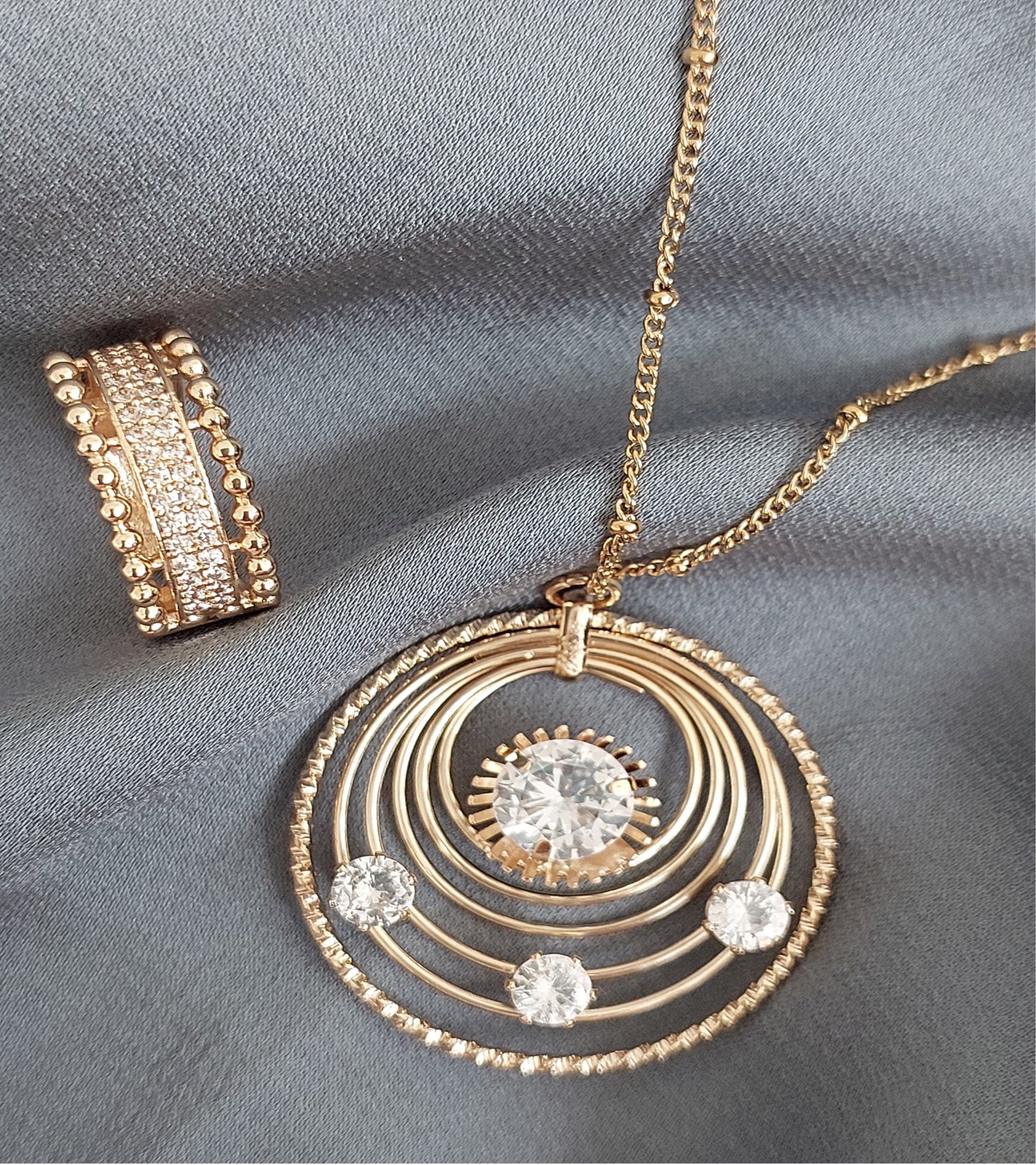 Great Gift Jewelry Set 4 pieces Bracelet Necklace Earrings Ring Asymmetric Style Gold Color Zircon