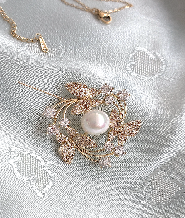 Great Gift 2PCS for Woman Silk Scarf and Zirconia Pearl Brooch Flower Print Pink Green Colors Box Packaging