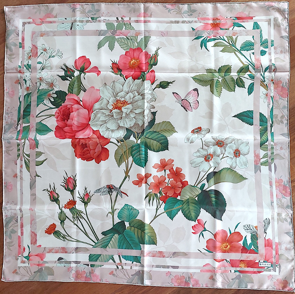 Great Gift 2PCS for Woman Silk Scarf and Zirconia Pearl Brooch Flower Print Pink Green Colors Box Packaging