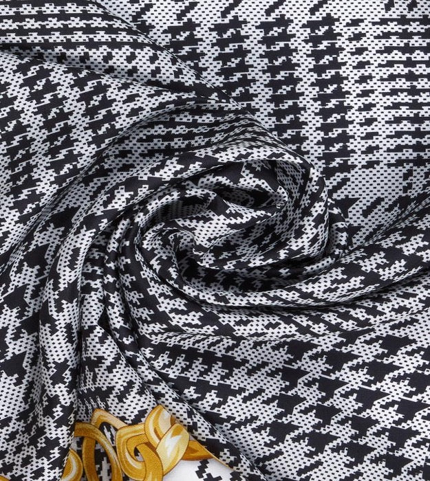 Great Gift 2PCS for Woman Silk Scarf and a Zirconia Butterfly Brooch Chain Print Black White Yellow Colors Box Packaging
