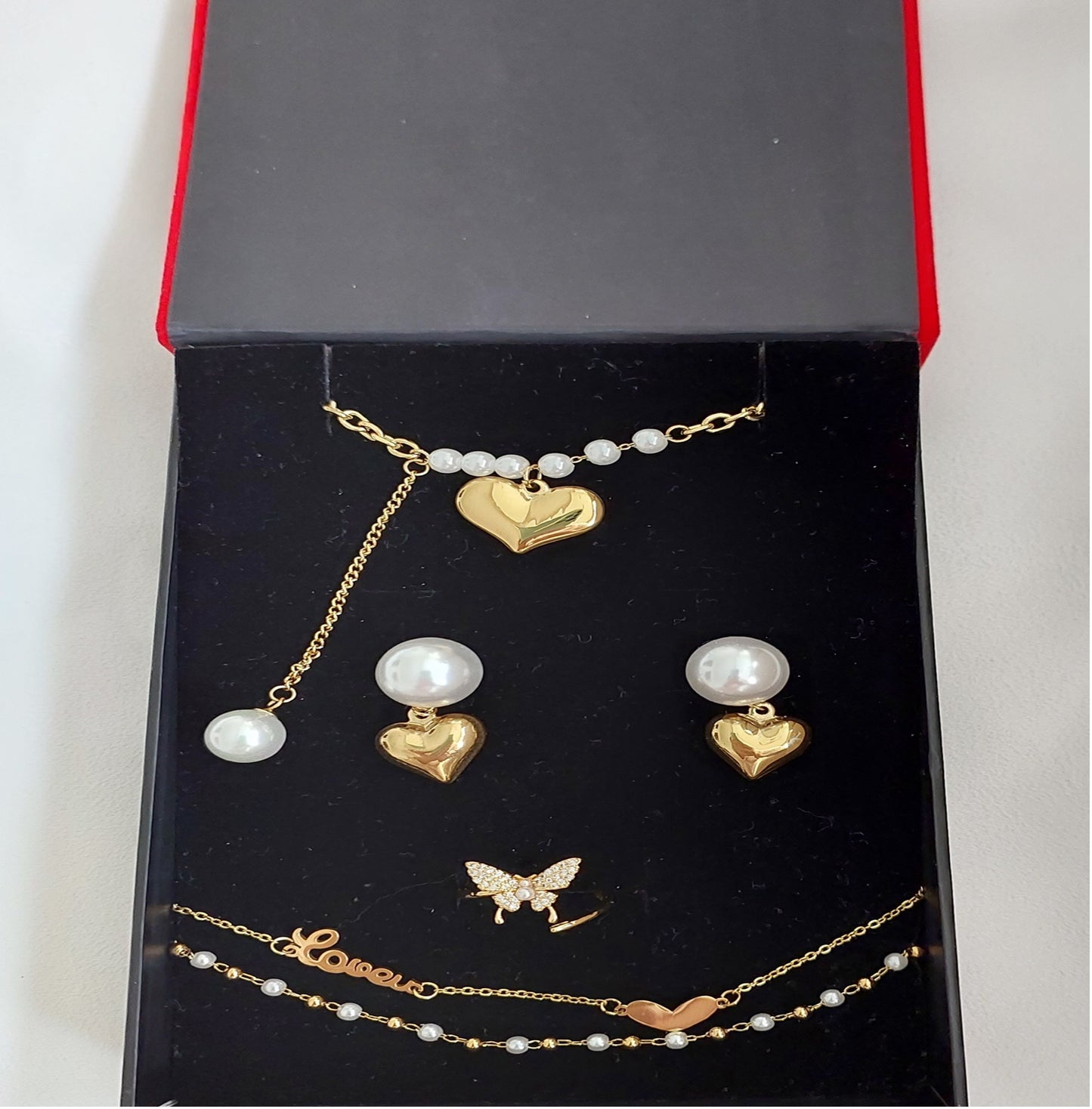 Great Gift Jewelry Set 4 pieces Bracelet Necklace Earrings Ring Pearl Heart Love Shape Gold Colour