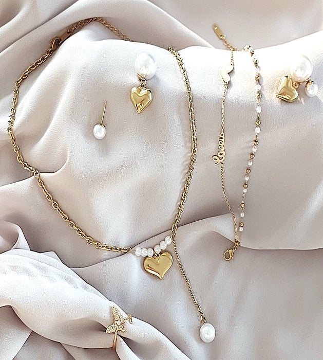 Great Gift Jewelry Set 4 pieces Bracelet Necklace Earrings Ring Pearl Heart Love Shape Gold Colour