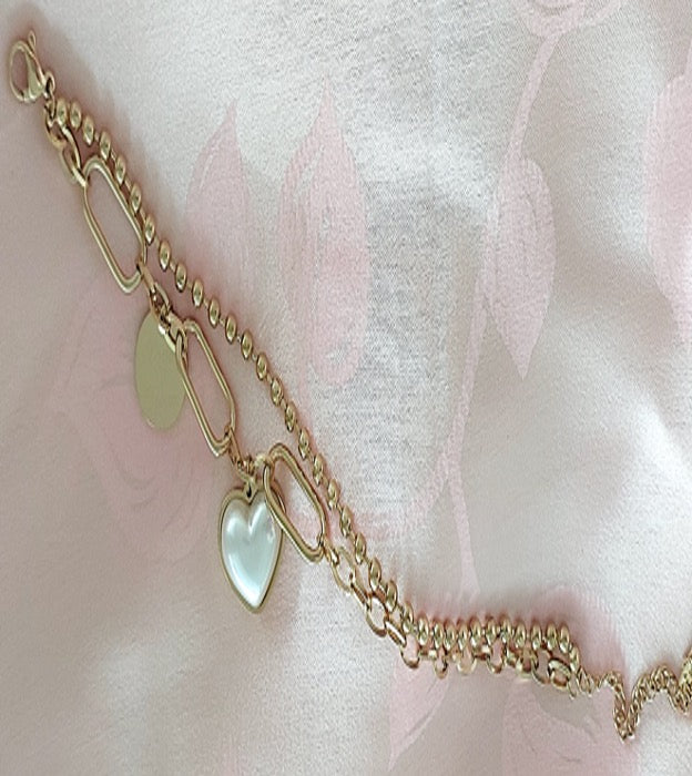 Great Gift Jewelry Set 4 pieces Bracelet Double Layered Necklace Earrings Ring Pearl Heart Love Shape Gold Colour
