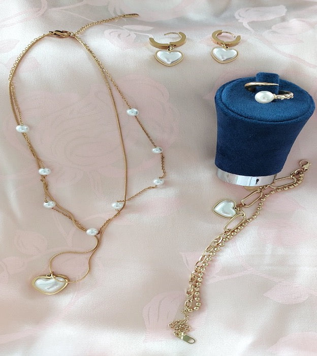 Great Gift Jewelry Set 4 pieces Bracelet Double Layered Necklace Earrings Ring Pearl Heart Love Shape Gold Colour