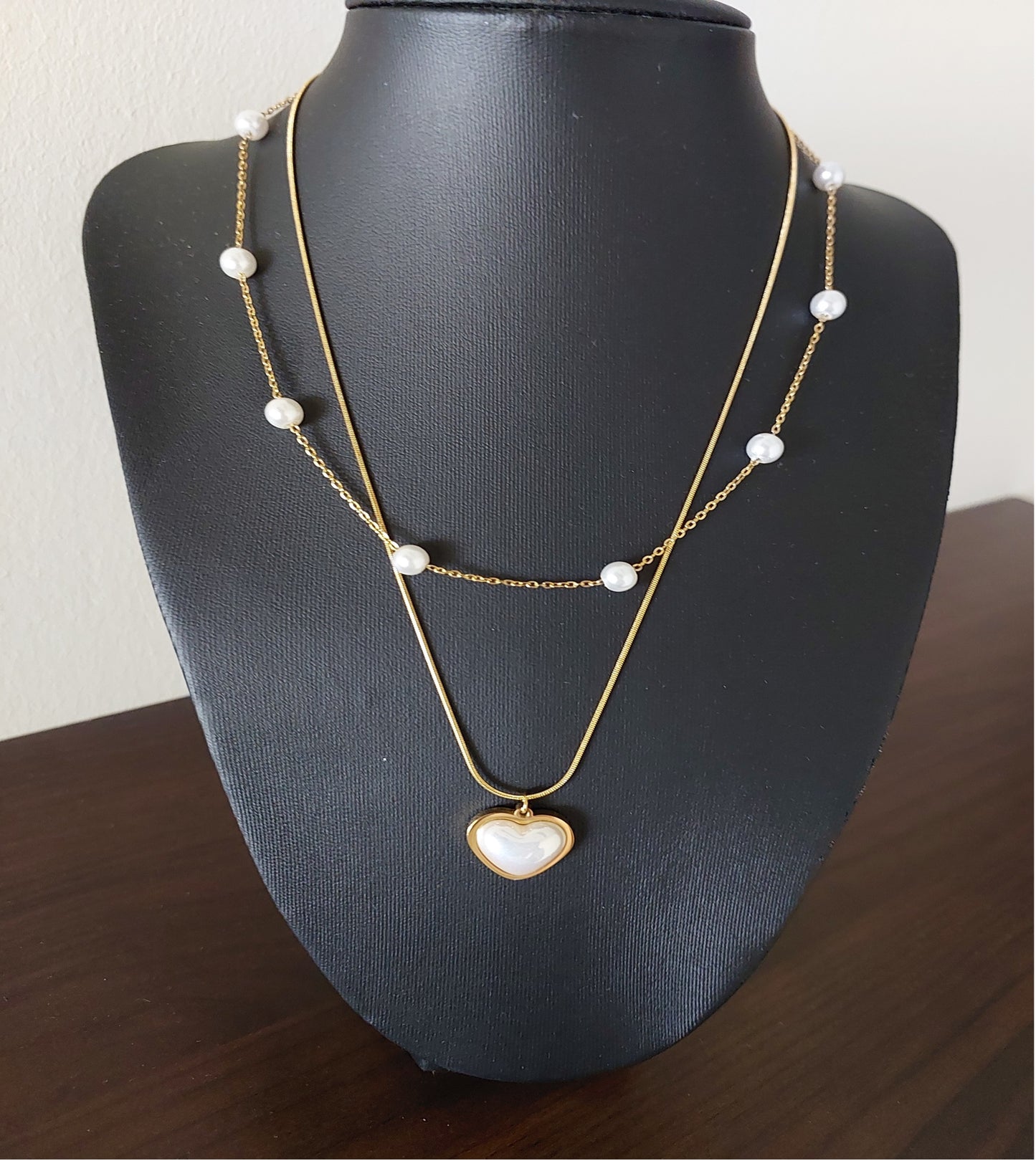 Great Gift Jewelry Set 4 pieces Bracelet Double Layered Necklace Earrings Ring Pearl Heart Love Shape Gold Colour
