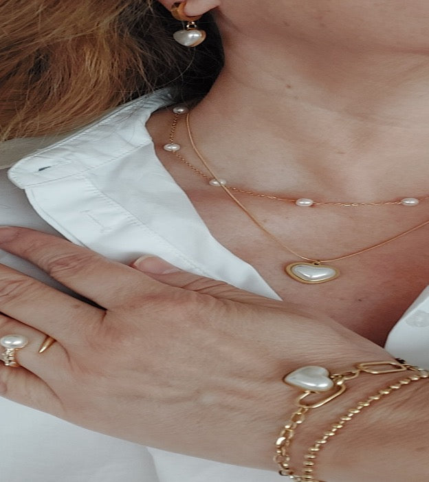 Great Gift Jewelry Set 4 pieces Bracelet Double Layered Necklace Earrings Ring Pearl Heart Love Shape Gold Colour