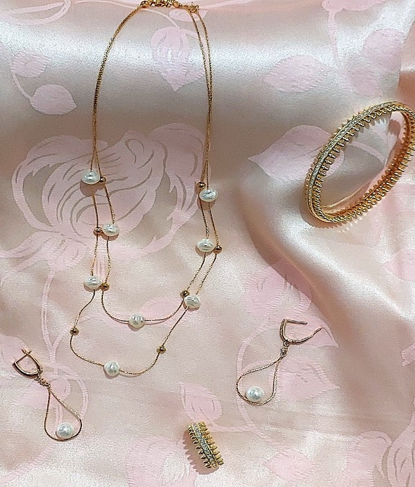 Great Gift Jewelry Set 4 pcs Ring Bracelet Necklace Pearl Designer Style Yellow Gold Color Cubic Zirconia