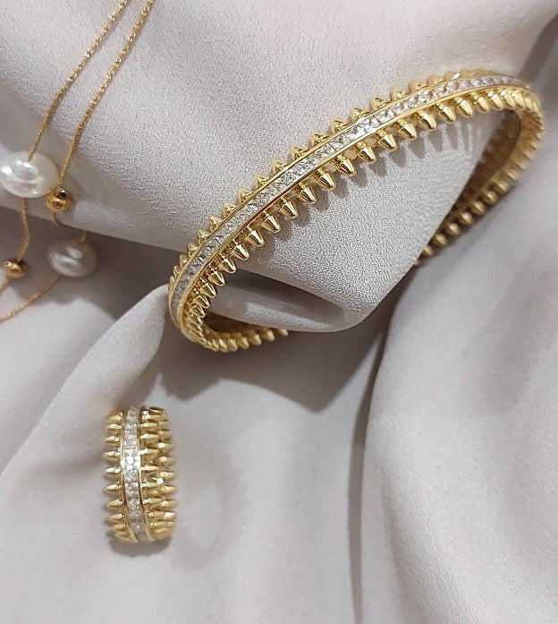 Great Gift Jewelry Set 4 pcs Ring Bracelet Necklace Pearl Designer Style Yellow Gold Color Cubic Zirconia