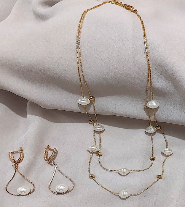 Great Gift Jewelry Set 4 pcs Ring Bracelet Necklace Pearl Designer Style Yellow Gold Color Cubic Zirconia