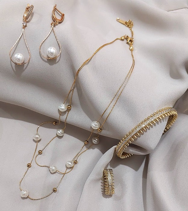 Great Gift Jewelry Set 4 pcs Ring Bracelet Necklace Pearl Designer Style Yellow Gold Color Cubic Zirconia