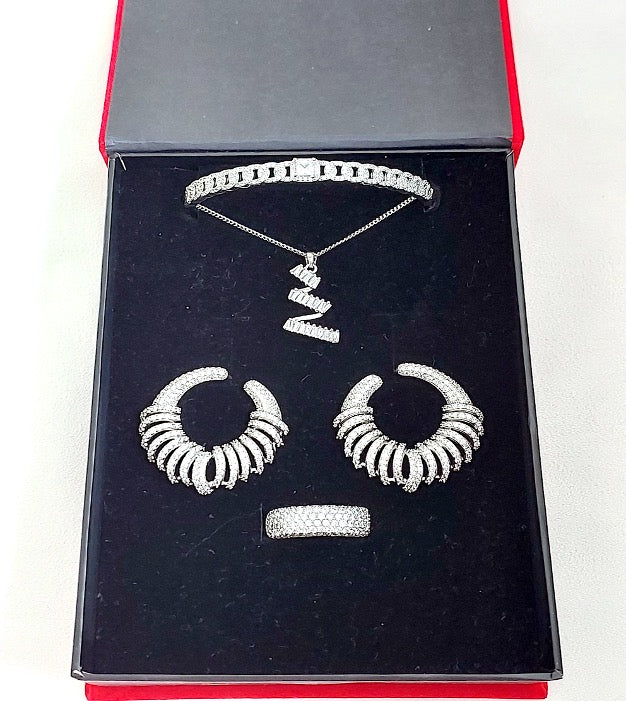 Great Gift Jewelry Set 4 pieces Bracelet Necklace Earrings Ring Semi Circles Design White Gold White Diamond Zircon Gift box