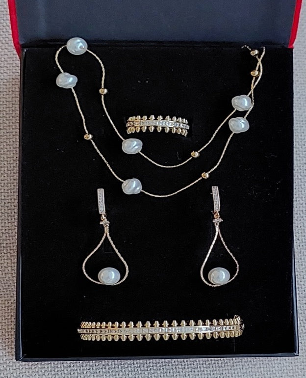 Great Gift Jewelry Set 4 pcs Ring Bracelet Necklace Pearl Designer Style Yellow Gold Color Cubic Zirconia