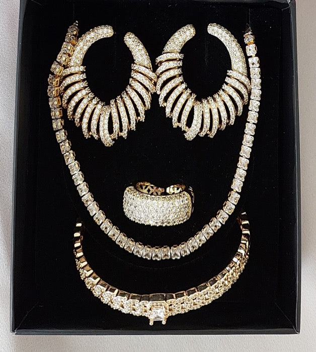 Great Gift Jewelry Set 4 pieces Bracelet Necklace Earrings Ring Semi Circles Design Yellow Gold White Diamond Zircon Gift box