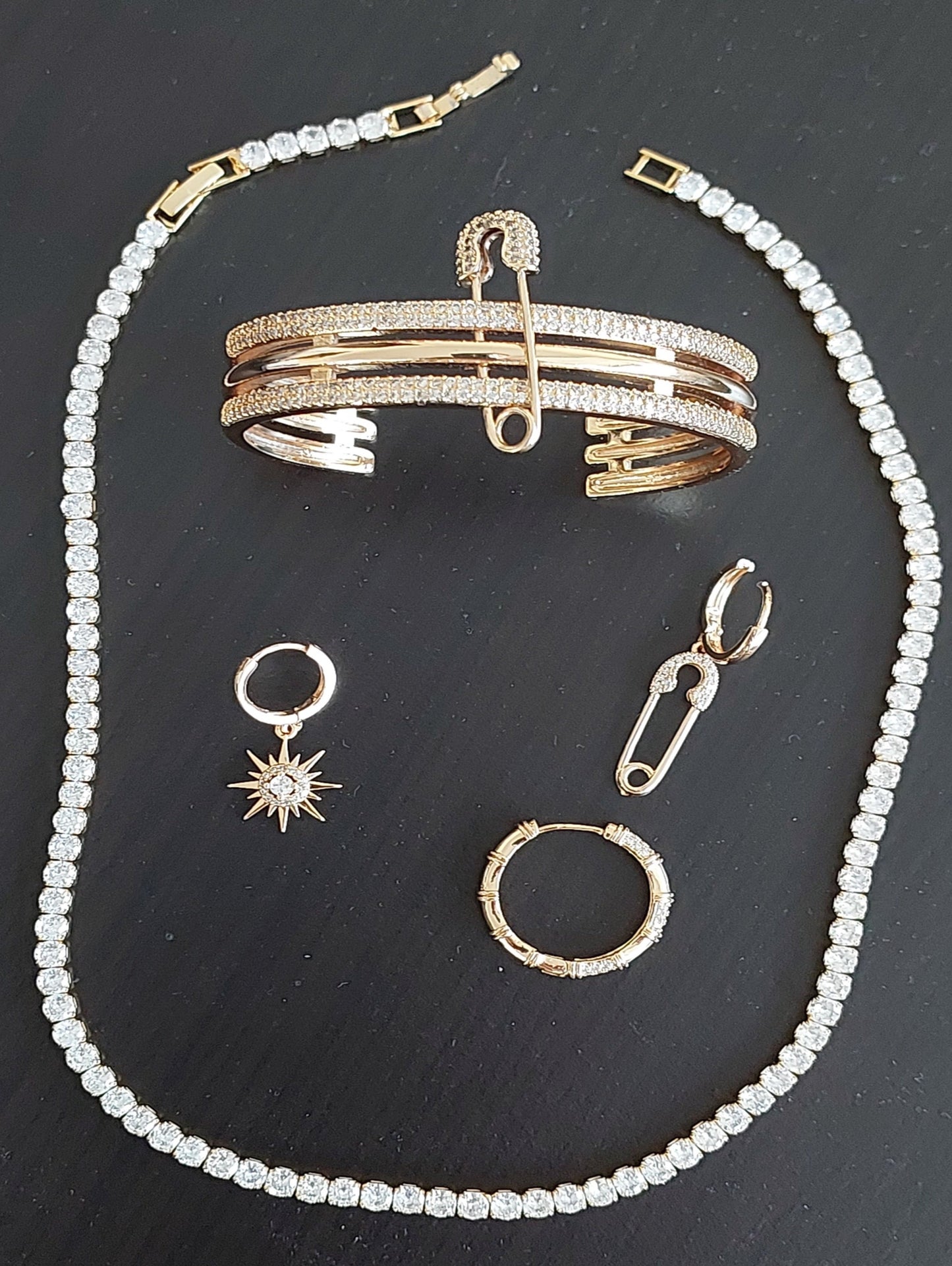 Jewelry Set 3 pieces Cuff Bracelet Necklace Earrings 3 in 1 Style Yellow Gold Color Diamond Zirconia Pin