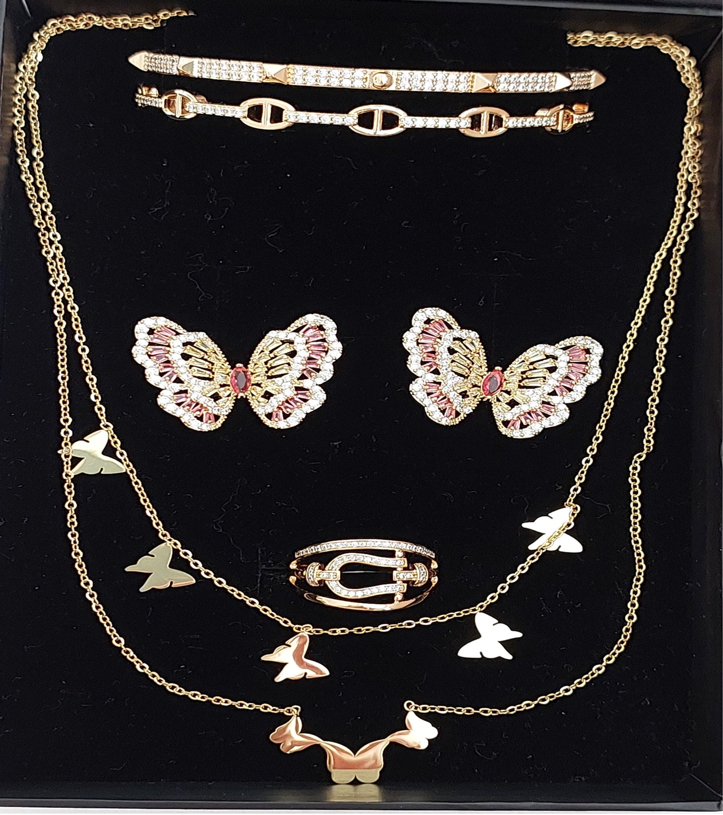 Great Gift Jewelry Set 4 pieces Bracelet Necklace Earrings Ring Butterfly Design Yellow Pink Gold Colour Diamond Zircon Gift box