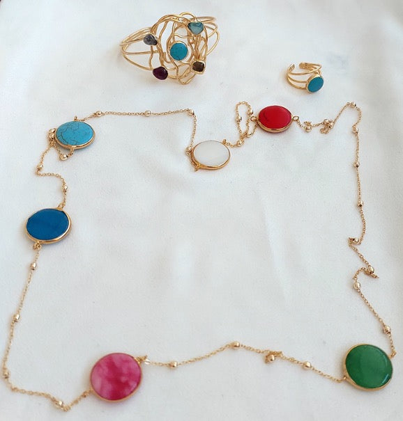 Jewelry Set Necklace Bracelet Ring Handmade Gemstones Multicolor Quartz Crystal Turquoise 3 pieces Great Gift for Woman