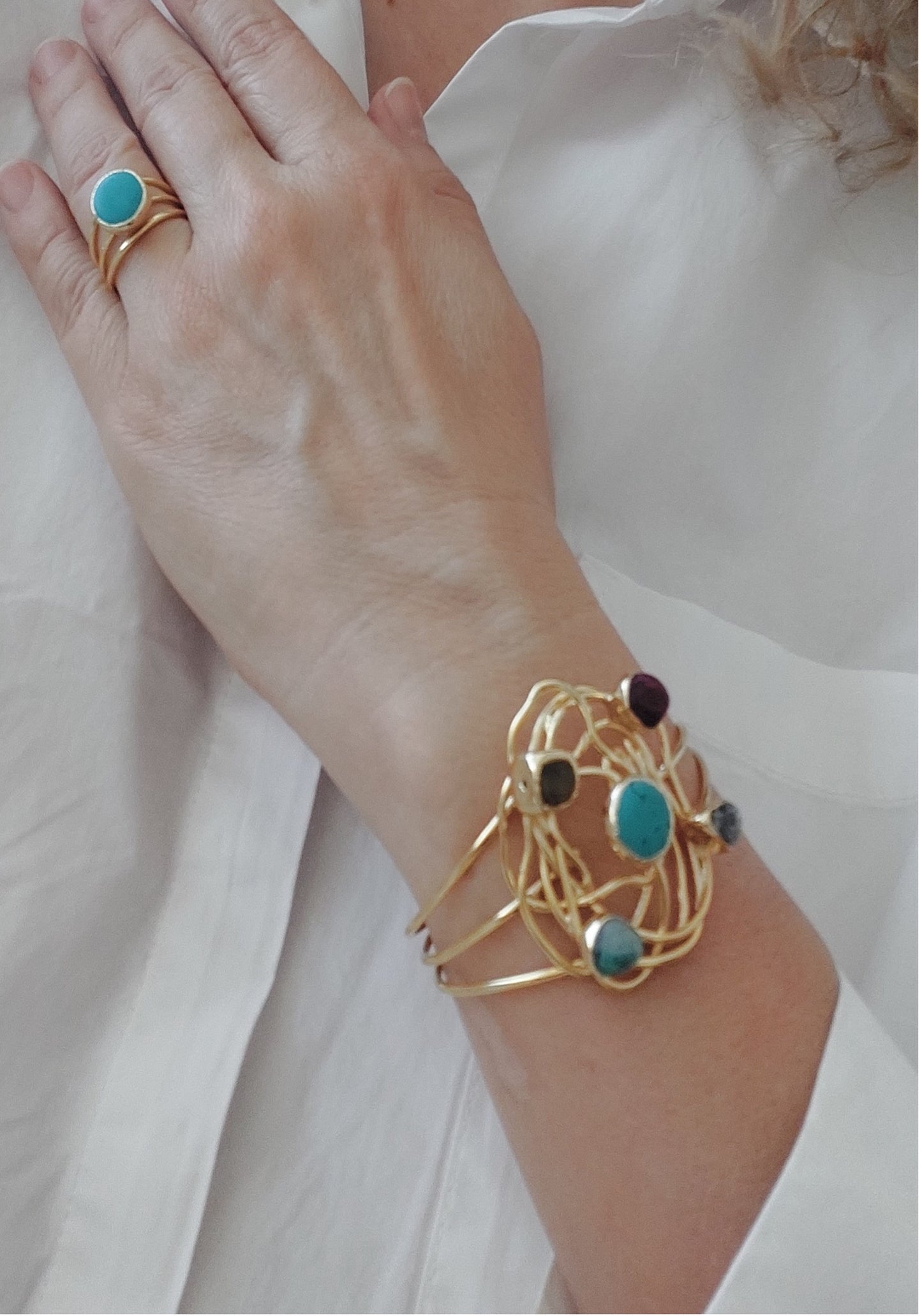 Jewelry Set Necklace Bracelet Ring Handmade Gemstones Multicolor Quartz Crystal Turquoise 3 pieces Great Gift for Woman