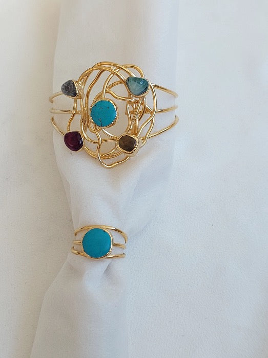 Jewelry Set Necklace Bracelet Ring Handmade Gemstones Multicolor Quartz Crystal Turquoise 3 pieces Great Gift for Woman
