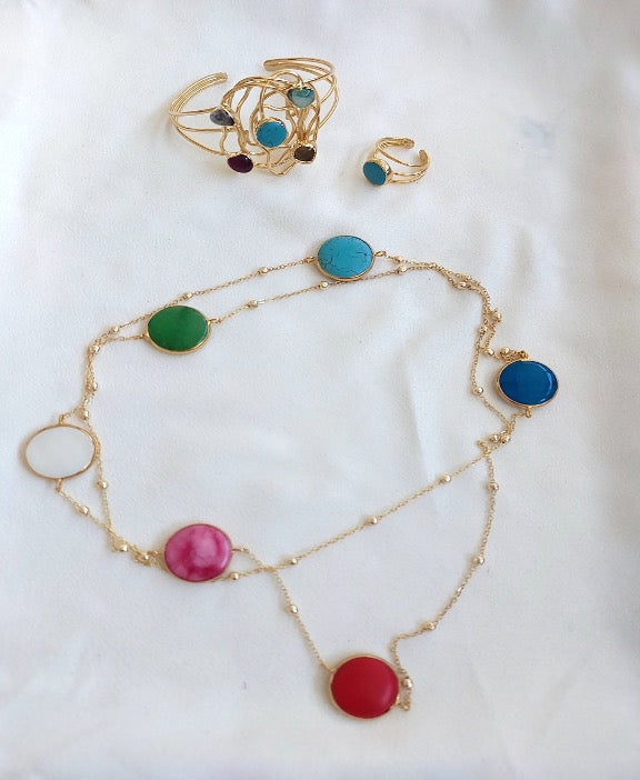 Jewelry Set Necklace Bracelet Ring Handmade Gemstones Multicolor Quartz Crystal Turquoise 3 pieces Great Gift for Woman