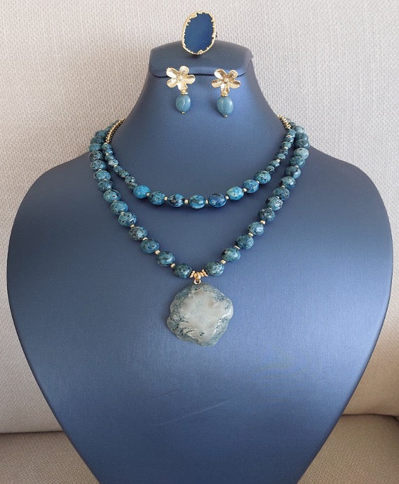 Jewelry Set Necklace Earrings Ring 3 pieces Handmade Gemstones Apatite Amazonite Great Gift for Woman