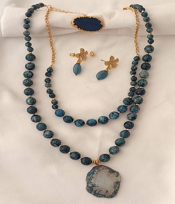Jewelry Set Necklace Earrings Ring 3 pieces Handmade Gemstones Apatite Amazonite Great Gift for Woman
