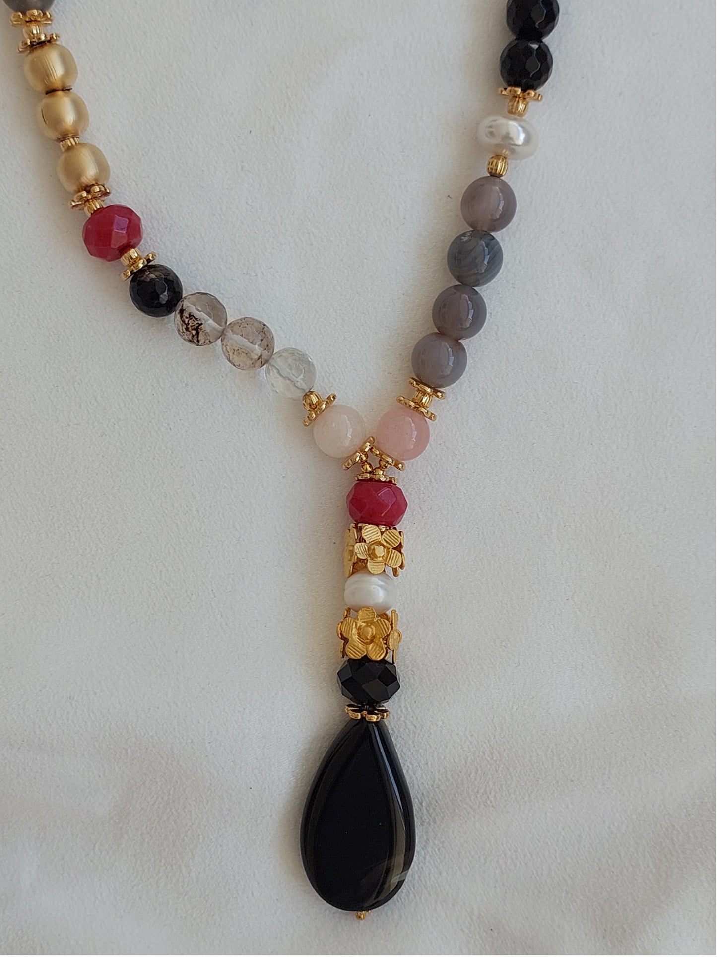 Jewelry Set Necklace Earrings Ring 3 pieces Handmade Gemstones Black Quartz Grey Crystal Pearl Great Gift for Woman