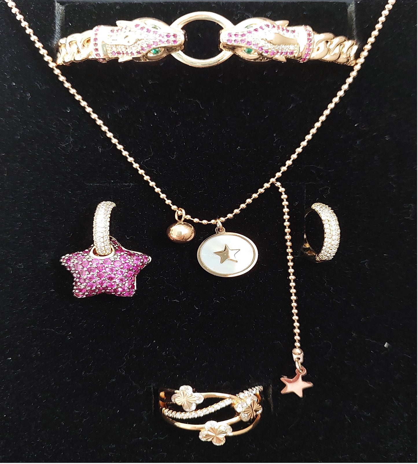 Great Gift Jewelry Set 4 pieces Bracelet Necklace Earrings Ring Star Snake Ruby Style Yellow Gold Colour Diamond Zircon Gift box