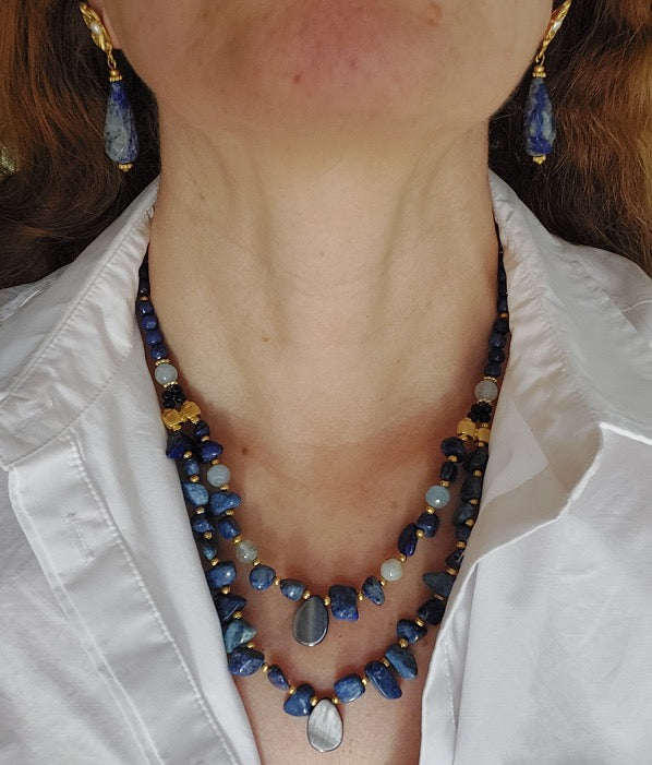 Jewelry Set Double Layered Necklace Bracelet Ring Earrings Handmade Gemstones Blue Sodalite Lazurite Stones Great for Gifts 4 pieces