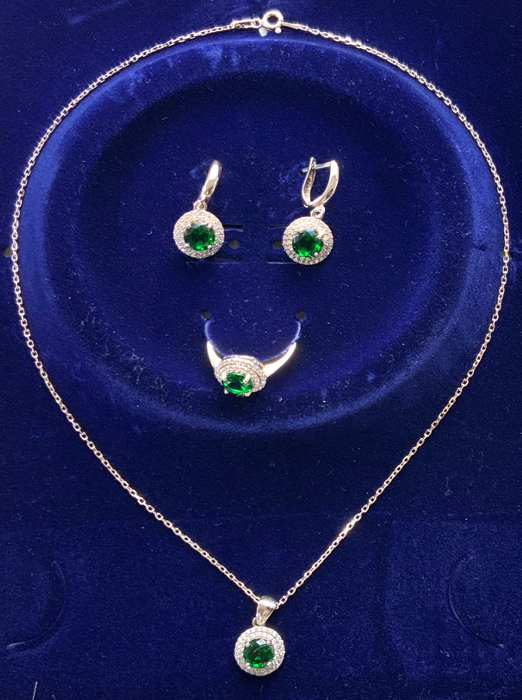 Jewelry Set Emerald Necklace Ring Earrings Silver S925 Green Color Zircon