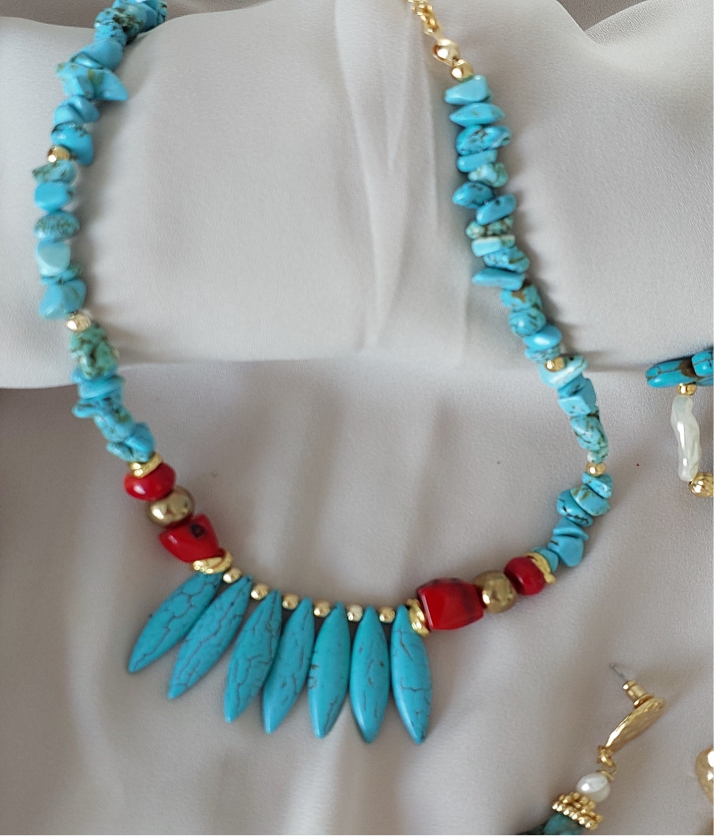 Jewelry Set Necklace Bracelet Ring Earrings Handmade Gemstones Turquoise and Red Beads Multi-size Stones Great for Gifts 4 pieces