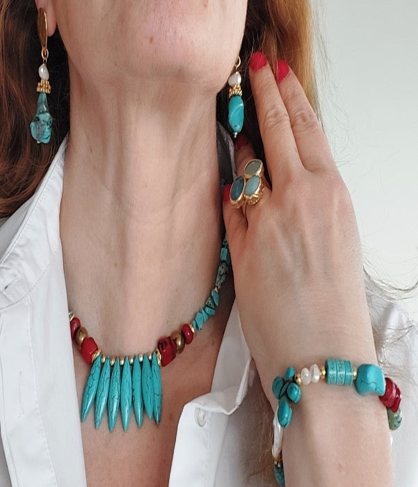 Jewelry Set Necklace Bracelet Ring Earrings Handmade Gemstones Turquoise and Red Beads Multi-size Stones Great for Gifts 4 pieces