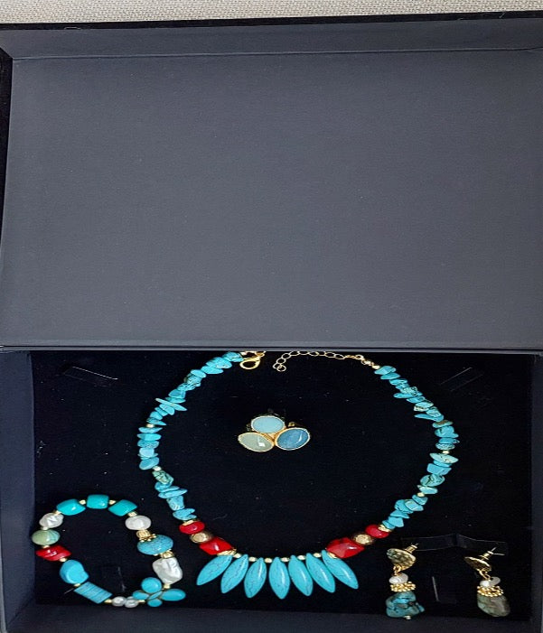 Jewelry Set Necklace Bracelet Ring Earrings Handmade Gemstones Turquoise and Red Beads Multi-size Stones Great for Gifts 4 pieces