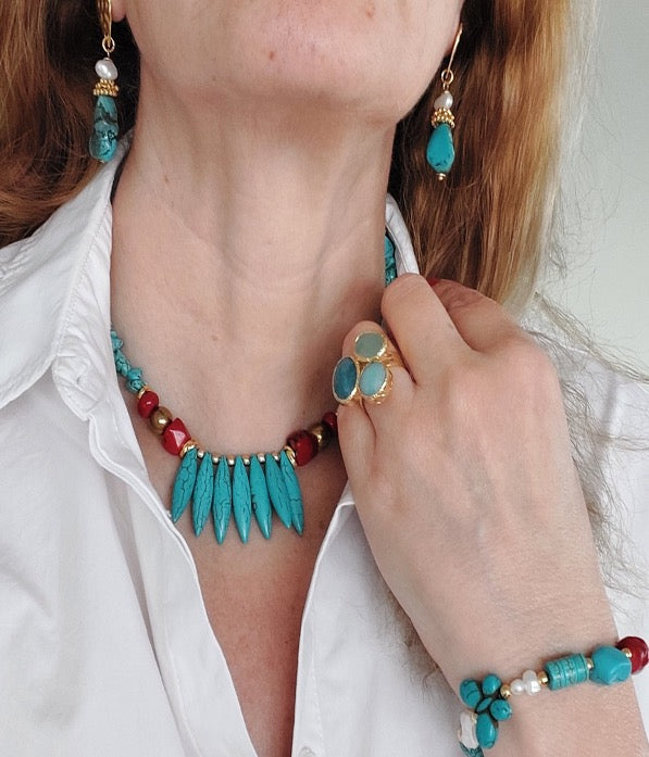 Jewelry Set Necklace Bracelet Ring Earrings Handmade Gemstones Turquoise and Red Beads Multi-size Stones Great for Gifts 4 pieces